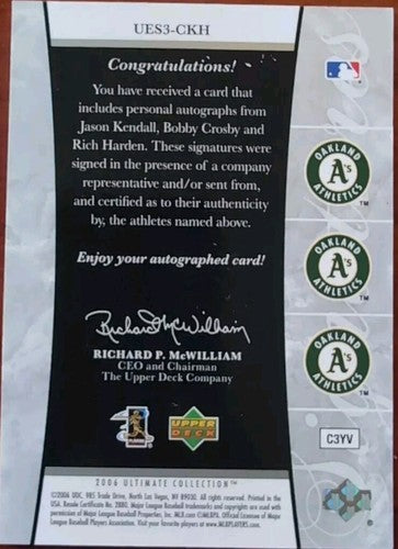 Jason KENDALL Rich HARDEN Bobby CROSBY 2006 Ultimate TRIPLE AUTO /50 Oakland A's