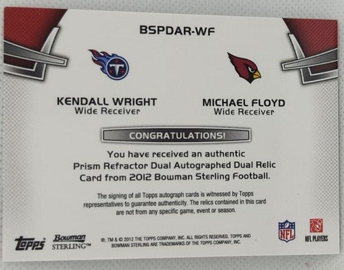 Michael FLOYD Kendall WRIGHT 2012 Bowman Sterling DUAL AUTO JERSEY Prism #13/15