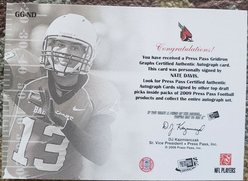 NATE DAVIS 2009 Press Pass Rookie AUTO Autograph Go Cards Inscription /25 49ers