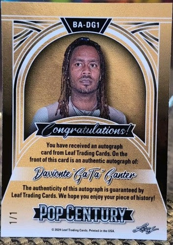 DAVIONTE "GaTa" GANTER 2024 Leaf Pop Century AUTO PRISMATIC GOLD #1/1 Dave G.E.D