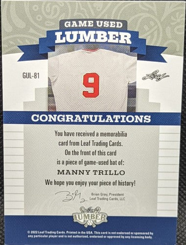 MANNY TRILLO 2022 Leaf Lumber JUMBO Game Used BAT PATCH Relic #/40 Phillies Cubs