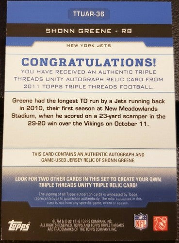 SHONN GREENE 2011 Topps Triple Threads Unity DUAL AUTO JERSEY Relic SP #/90 Jets