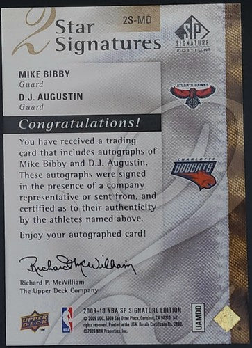 Mike BIBBY D. J. AUGUSTIN 2009-10 UD SP Signature Edition DUAL AUTO /99 Hawks DJ