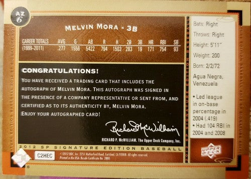 MELVIN MORA 2012 Upper Deck SP Signature Edition AUTO #AZ6 Diamondbacks Orioles