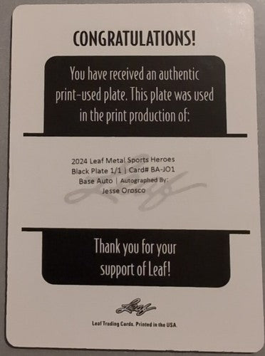 JESSE OROSCO 2024 Leaf Metal Sports Heroes AUTO PRINTING PLATE #1/1 Mets Dodgers