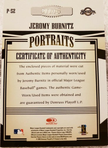 JEROMY BURNITZ 2005 Prime Patches QUAD Game Used Worn Jersey PATCH Brewers Logo