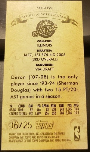 DERON WILLIAMS 2008-09 Topps Treasury Rip Card Mini Exclusives SILVER #/25 Jazz