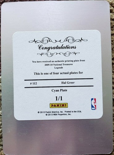 HAL GREER 2012-13 National Treasures Cyan PRINTING PLATE #1/1 of 1 2009-10 76ers