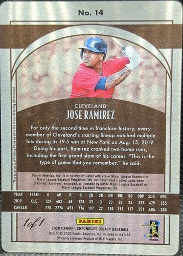 JOSE RAMIREZ 2020 Panini Chronicles Legacy PRINTING PLATE #1/1 Guardians One of