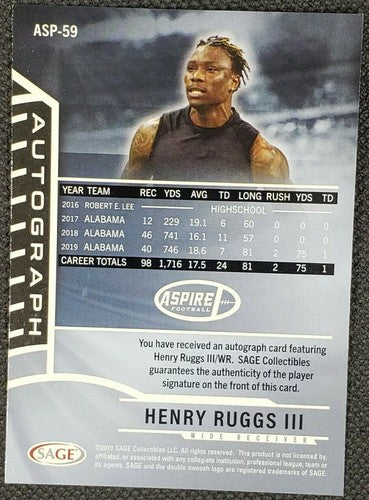 HENRY RUGGS III 2020 Sage Aspire Rookie Card RC AUTO Las Vegas Raiders SP ASP-59