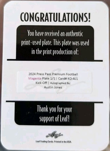 AUSTIN JONES 2024 Press Pass Premium RC AUTO PRINTING PLATE #1/1 Commanders USC