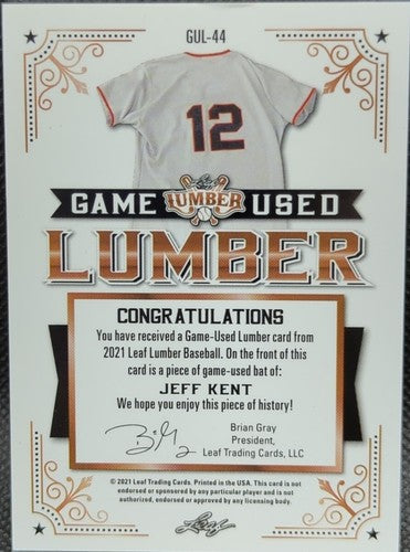 JEFF KENT 2021 Leaf Lumber JUMBO Game Used Bat Relic PLATINUM #/6 Giants Dodgers
