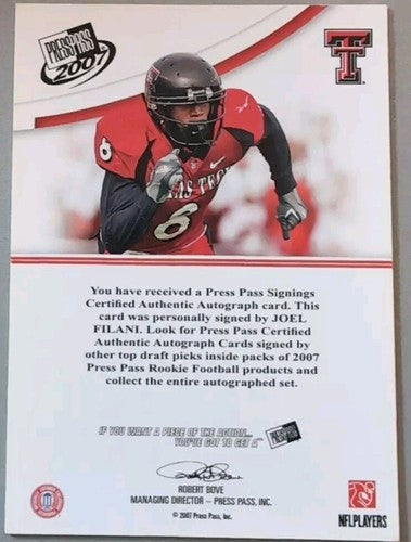 JOEL FILANI 2007 Press Pass Signings AUTO Titans Vikings Texas Tech Red Raiders