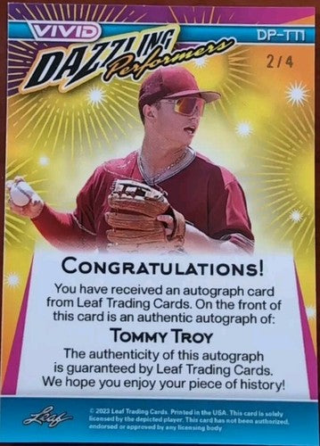 TOMMY TROY 2023 Leaf Vivid Dazzling Performers AUTO GREEN MOJO #2/4 Diamondbacks