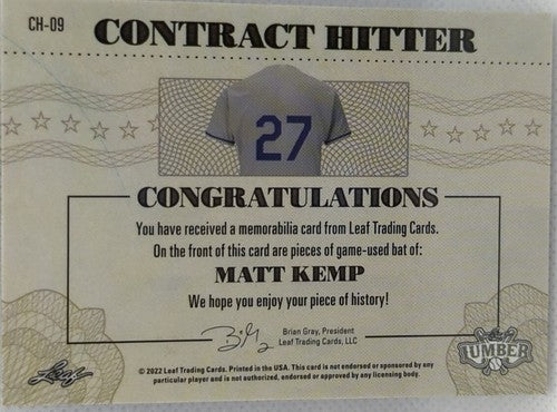 MATT KEMP 2022 Leaf Lumber Contract Hitter DUAL Game Used BAT BLUE SP /4 Dodgers