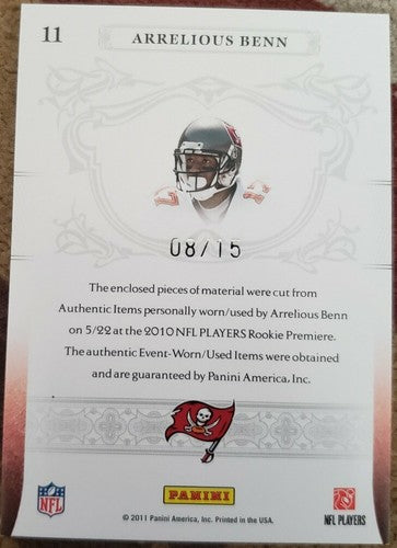 ARRELIOUS BENN 2011 National Treasures Dual Rookie LAUNDRY TAG Jersey PATCH #/15