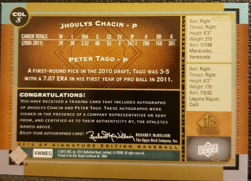Jhoulys CHACIN Peter TAGO 2012 Upper Deck SP Signature Edition DUAL AUTO Rockies