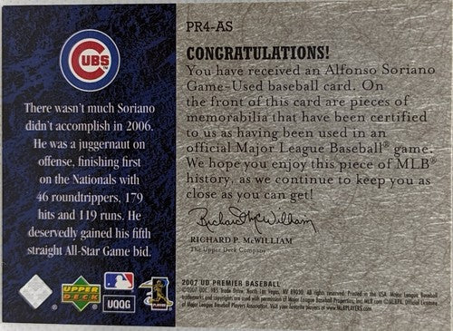 ALFONSO SORIANO 2007 UD Premier Remnants 4 Quad Game Used Jersey SP #1/1 Cubs of