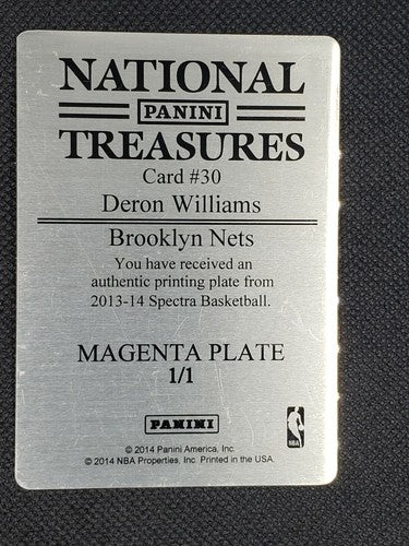 DERON WILLIAMS 2013-14 Panini Spectra PRINTING PLATE 1/1 National Treasures Nets