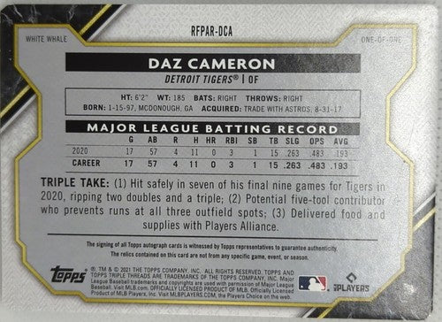 DAZ CAMERON 2021 Triple Threads White Whale AUTO LOGO PATCH PRINTING PLATE #1/1