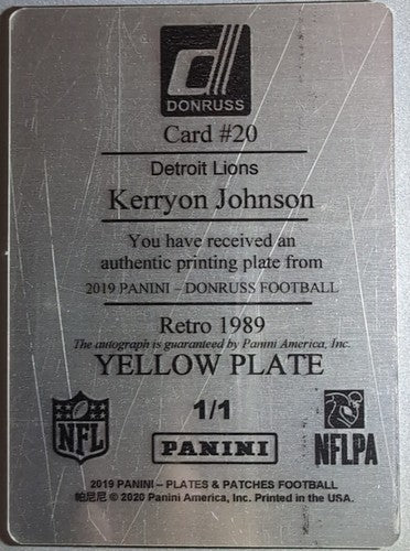 KERRYON JOHNSON 2019 Panini Donruss Retro 1989 AUTO PRINTING PLATE SP #1/1 Lions