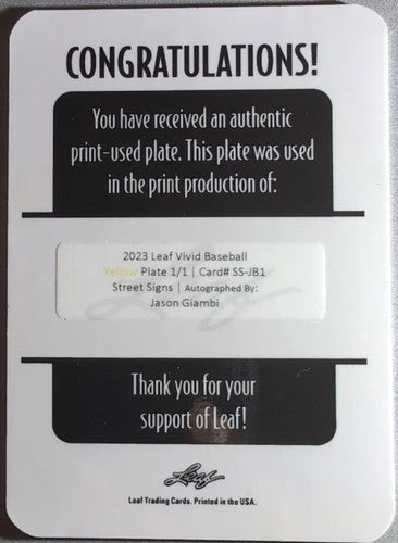 JASON GIAMBI 2023 Leaf Vivid Street Signs AUTO PRINTING PLATE SP 1/1 A's Yankees