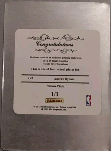 ANDREW BYNUM 2012-13 Totally Certified Silver Signatures PRINTING PLATE SP #1/1