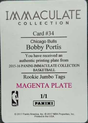 BOBBY PORTIS 2015-16 Panini Immaculate RC Jumbo Tags PRINTING PLATE SP 1/1 Bulls