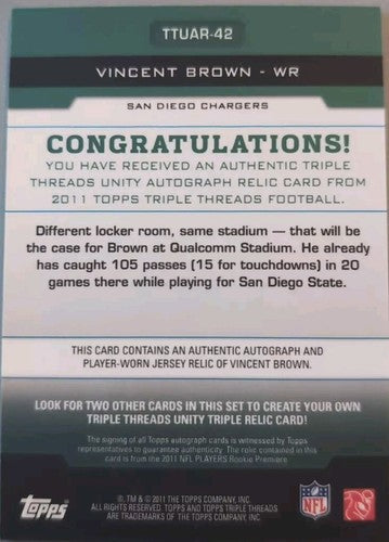 VINCENT BROWN 2011 Topps Triple Threads Unity AUTO JERSEY EMERALD #/50 Chargers