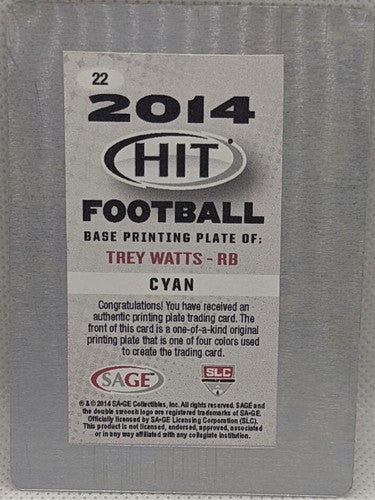 TREY WATTS 2014 Sage HIT RC PRINTING PLATE SP #1/1 St. Louis Rams Tulsa One of