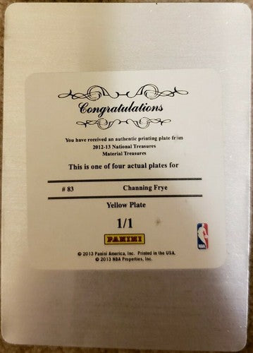 CHANNING FRYE 2012-13 National Material Treasures PRINTING PLATE 1/1 Suns Knicks