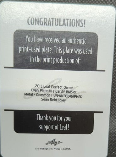 SEAN REID-FOLEY 2013 Leaf Perfect Game RC PRINTING PLATE SP 1/1 Blue Jays One of
