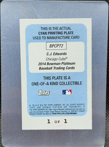 CARL EDWARDS JR 2014 Bowman Platinum Chrome RC PRINTING PLATE #1/1 Cubs CJ C. J.