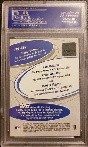 Ervin SANTANA Tim STAUFFER VALDEZ 2004 Bowman's Best TRIPLE Play AUTO PSA Mint 9