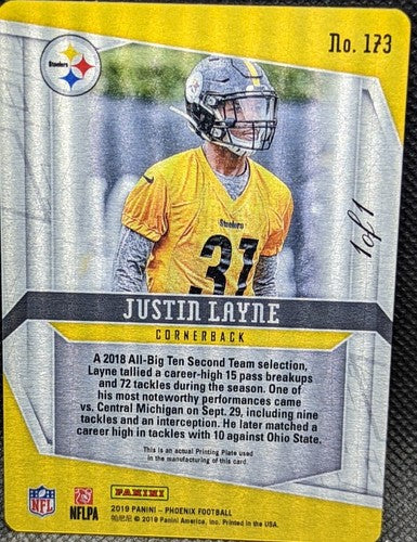 JUSTIN LAYNE 2019 Panini Phoenix RC PRINTING PLATE SP 1/1 Steelers Giants One of