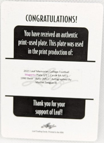 MASTER TEAGUE III 2021 Leaf Memories RC 1990 AUTO PRINTING PLATE #1/1 Bears OSU