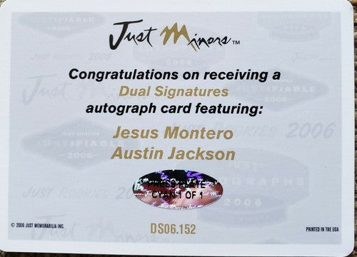 Jesus MONTERO Austin JACKSON 2008 Just Minors Dual Printing Plate SP #1/1 of 1