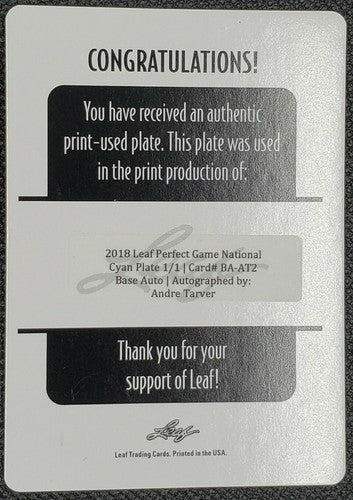 ANDRE TARVER 2018 Leaf Perfect Game DUAL RC AUTO PRINTING PLATE SP #1/1 Padres