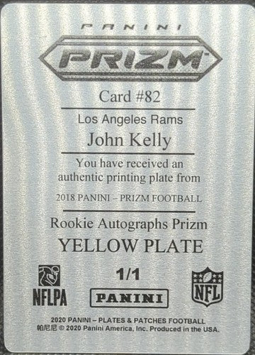 JOHN KELLY 2018 Panini Prizm RC Yellow PRINTING PLATE SP #1/1 Rams Browns One of