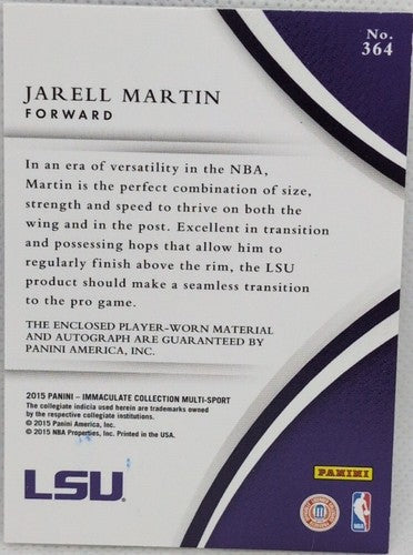 JARELL MARTIN 2015-16 Panini Immaculate DUAL AUTO PATCH GOLD #3/10 Grizzlies LSU