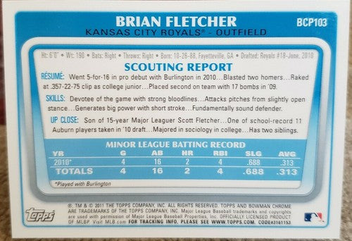 BRIAN FLETCHER 2011 Bowman Chrome Draft Picks Prospect RC AUTO SP KC Royals #103