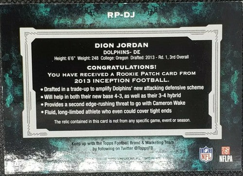DION JORDAN 2013 Topps Inception RC JERSEY Number PATCH YELLOW SP #/25 Dolphins
