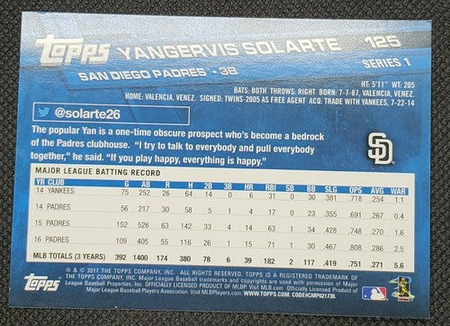 YANGERVIS SOLARTE 2017 Topps 65th Anniversary VIP Party Platinum SP #1/1 Padres