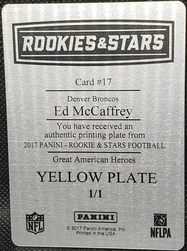 ED McCAFFREY 2017 Panini Rookies & Stars Heroes PRINTING PLATE SP #1/1 Broncos