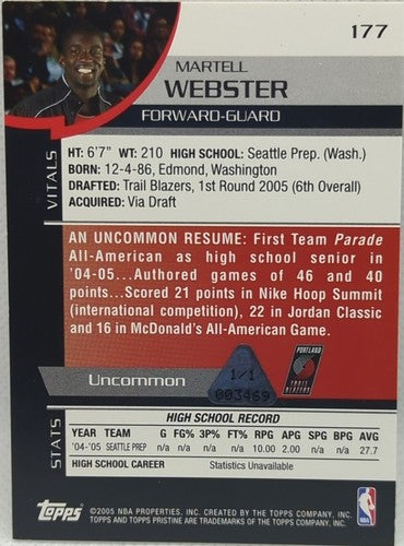 MARTELL WEBSTER 2005-06 Topps Pristine RC PRINTING PLATE SP 1/1 Trail Blazers of