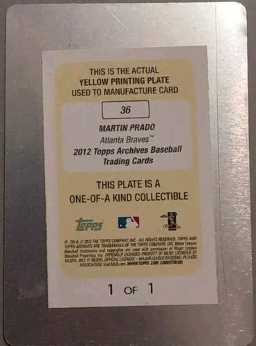 MARTIN PRADO 2012 Topps Archives PRINTING PLATE SP 1/1 of Braves Yankees Marlins