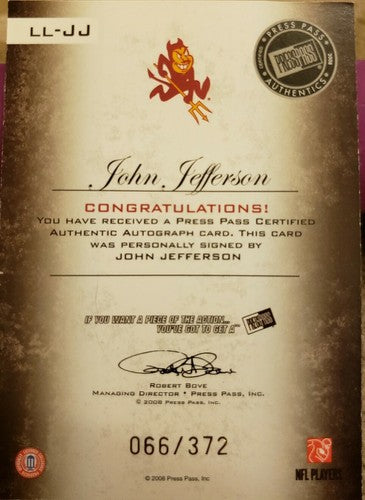 JOHN JEFFERSON 2008 Press Pass Legends Legacy AUTO SP #/372 Chargers Packers ASU