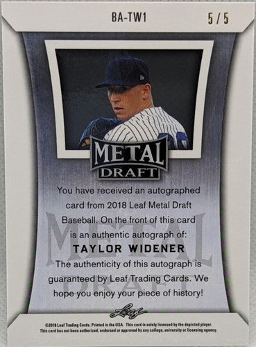 TAYLOR WIDENER 2018 Leaf Metal Draft GREEN Prospect RC AUTO SP #5/5 Diamondbacks