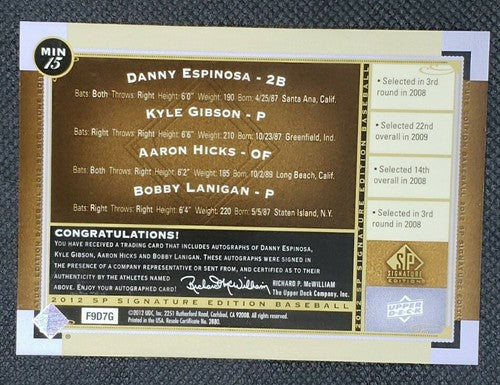 Kyle GIBSON Aaron HICKS Danny ESPINOSA LANIGAN 2012 SP Signature Quad AUTO Twins