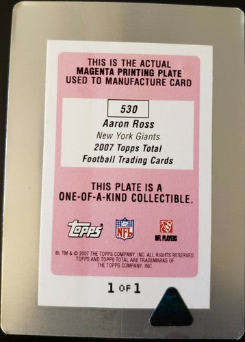 AARON ROSS 2007 Topps Total RC PRINTING PLATE SP 1/1 Giants Jaguars Ravens Texas